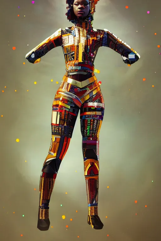 Image similar to full body portrait of the African Android Queen, by DC comics and Sandra Chevrier and beeple, artstation, volumetric lighting, hyperrealism, award winning costume design, fine textures, electric weave, 4k UHD, 50mm