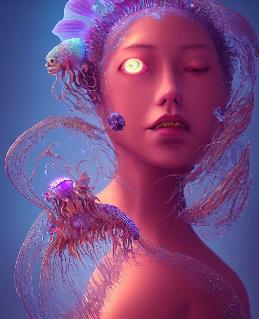 Image similar to goddess close-up portrait. chimera orchid jellyfish phoenix head, nautilus, skull, betta fish, bioluminiscent creatures, intricate artwork by Tooth Wu and wlop and beeple. octane render, trending on artstation, greg rutkowski very coherent symmetrical artwork. cinematic, hyper realism, high detail, octane render, 8k