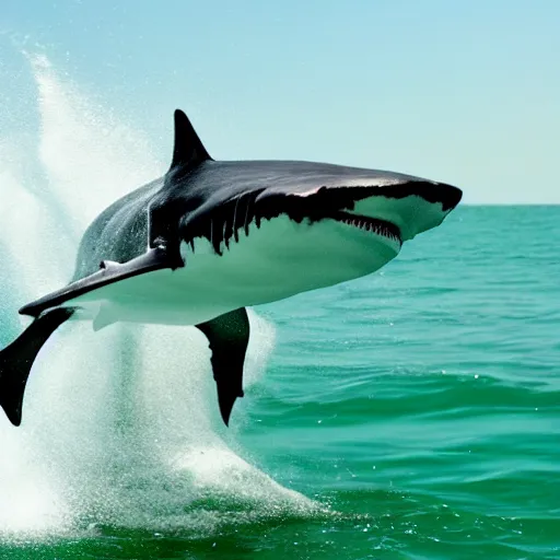 Prompt: action photo of ai - shark jumping from surface of the sea, from nature journal, 1 / 1 0 0 0 sec shutter, action photo