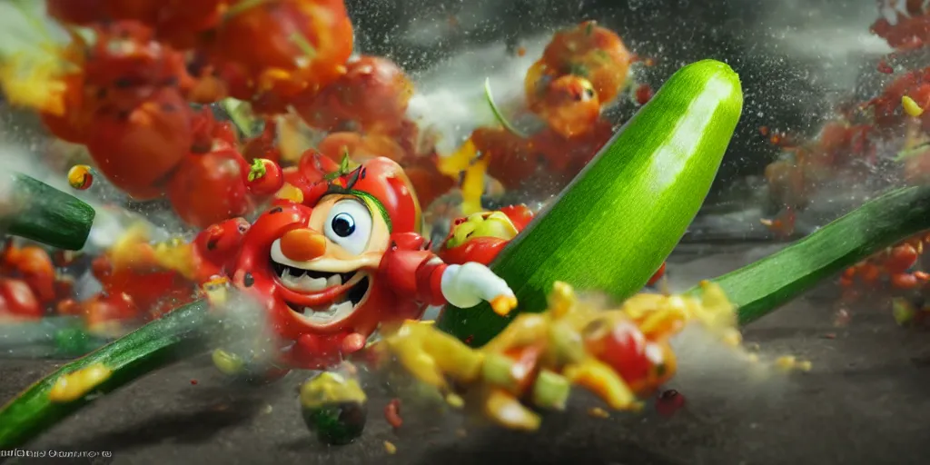 Prompt: detailed 3 d render of a raging zucchini!! character chasing!! down a desperate tomato!, high speed action, explosions, dramatic scene, hyper realistic octane render, cinematic lighting, deviantart, pop - surrealism, lowbrow, frame from disney pixar movie