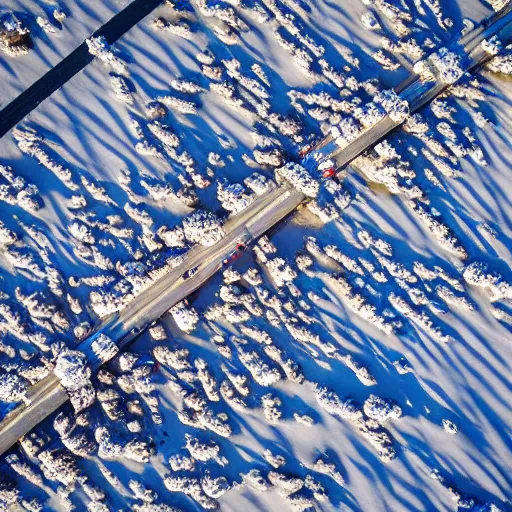 Image similar to santa monica pier covered in snow, aerial photo, sigma 2 4 mm