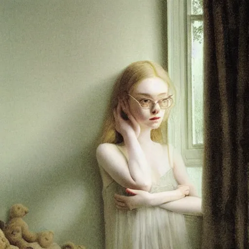 Prompt: Elle Fanning, extremely detailed masterpiece, illustration, by Michael Sowa,