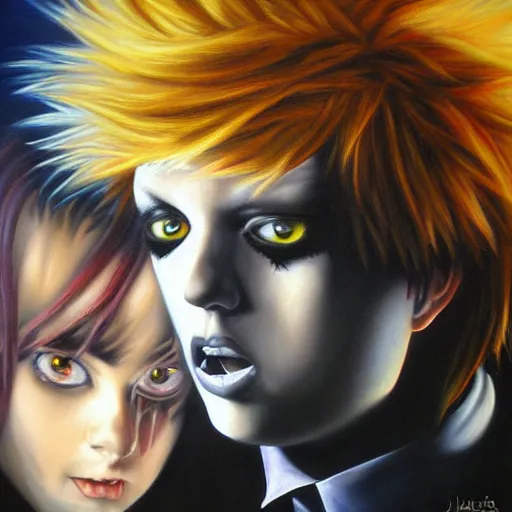 Prompt: detailed portrait of emo donald trump anime death note intricate, hyper detailed, realistic, oil painting, by julie bell, frank frazetta, cinematic lighting