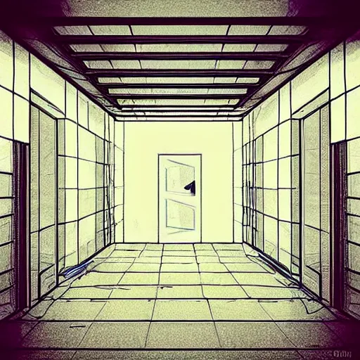 Image similar to “the inside of a huge white building with with many doors and stairs, confusing, clean geometric shapes, sharp lines, creepy, doors, strange dimensions, anime style, detailed background, horror anime”