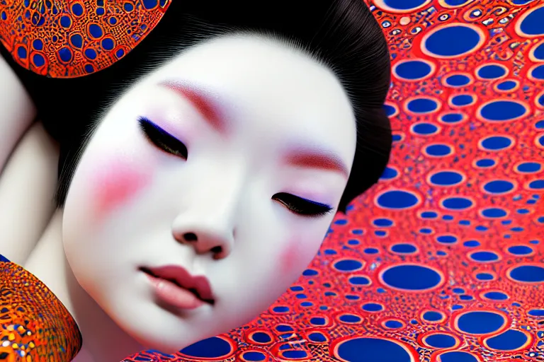 Image similar to hyperrealistic detailed image of a geisha laying in a art installation room, hd smooth interior by yayoi kusama, part by kei mieno, part by alex gray, part by ross tran, part by james jean, ultra realistic, highly detailed, life like face, detailed body, 8 k, octane render, trending on artstation, very cohesive, masterpiece