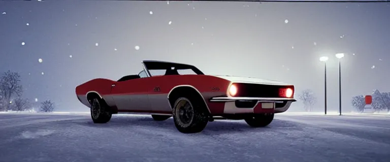 Image similar to Ermine White Chevrolet Camaro Z28 Convertible (1967), red interior, a gritty neo-noir, dramatic bright lighting, cinematic, establishing shot, extremely high detail, photorealistic, cinematic lighting, artstation, by simon stalenhag, Max Payne (PC) (2001) winter new york at night