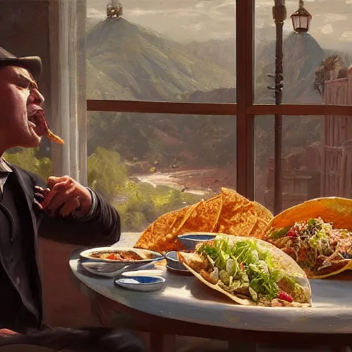 Prompt: epic masterpiece of cinematographic hyperrealism where ruben dario appears eating a mexican taco. realistic shaded lighting poster by craig mallismo, artgerm, jeremy lipkin and michael garmash, unreal engine, radiant light, detailed and intricate environment, digital art, art station trends