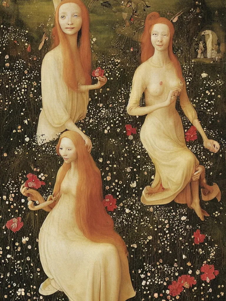 Image similar to elf maiden with long golden hair, wearing alexander mcqueen dress, sitting among flowers in the garden in the style of hieronymus bosch,