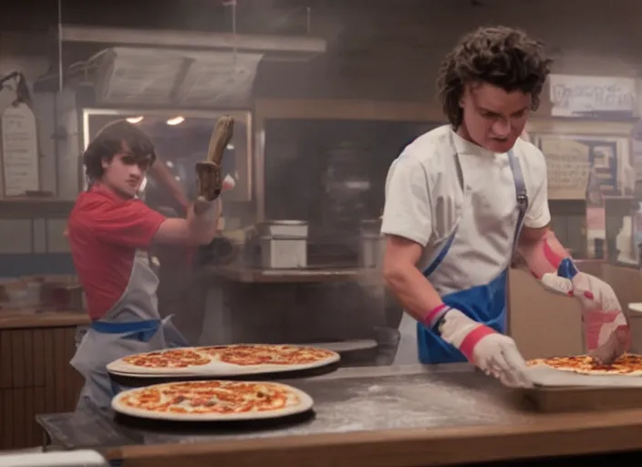 Prompt: Film Still of Steve Harrington working in a pizza parlor making pizza in the new Stranger Things episode, 4k