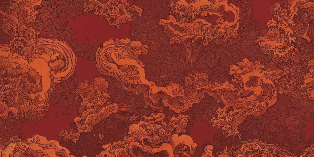Image similar to dark red paper with intricate designs,tarot card ,a mandelbulb fractal dolomites and hay monsters, tyrolean folklore masks,full of golden layers, flowers, cloud, vines, mushrooms, swirles, curves, wave,by Hokusai and Mike Mignola, trending on artstation,elaborate dark red ink illustration