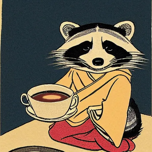 Image similar to little raccoon sitting by a cozy fireplace with a cup of tea. warm color temperature. ukiyo - e,