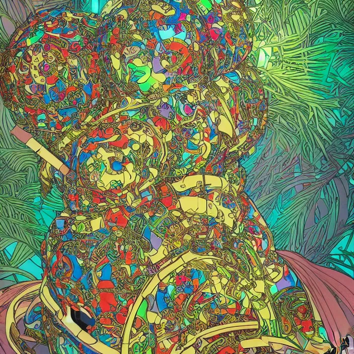 Image similar to a minimal photograph of a cyborg poptart triadic ballet fractal tropical oasis, 8 k, realistic, highly detailed, remote control disco backpack, art by todd mcfarlane, artgerm, alphonse mucha, hajime sorayama