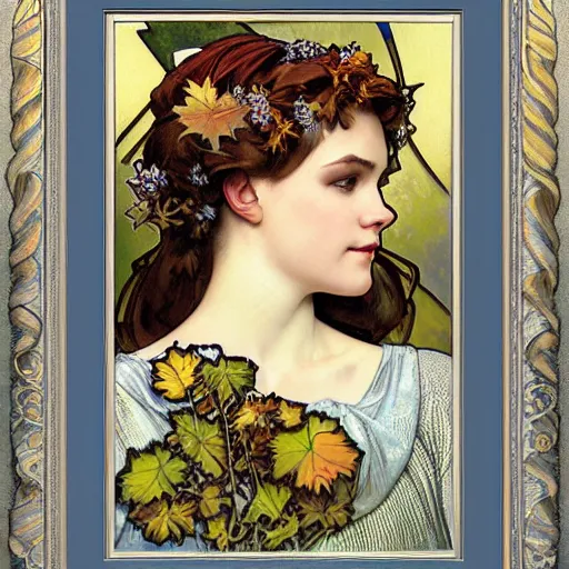 Prompt: realistic detailed face portrait of a beautiful young medieval queen of autumn maple trees by Alphonse Mucha, Greg Hildebrandt, and Mark Brooks, Art Nouveau, spirals, Neo-Gothic, gothic, Art Nouveau