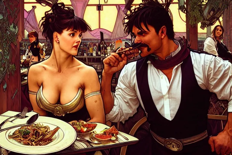 Image similar to xena warrior princess eating at a restaurant, with a hispanic man in a suit as her companion, art by artgerm and greg rutkowski and alphonse mucha