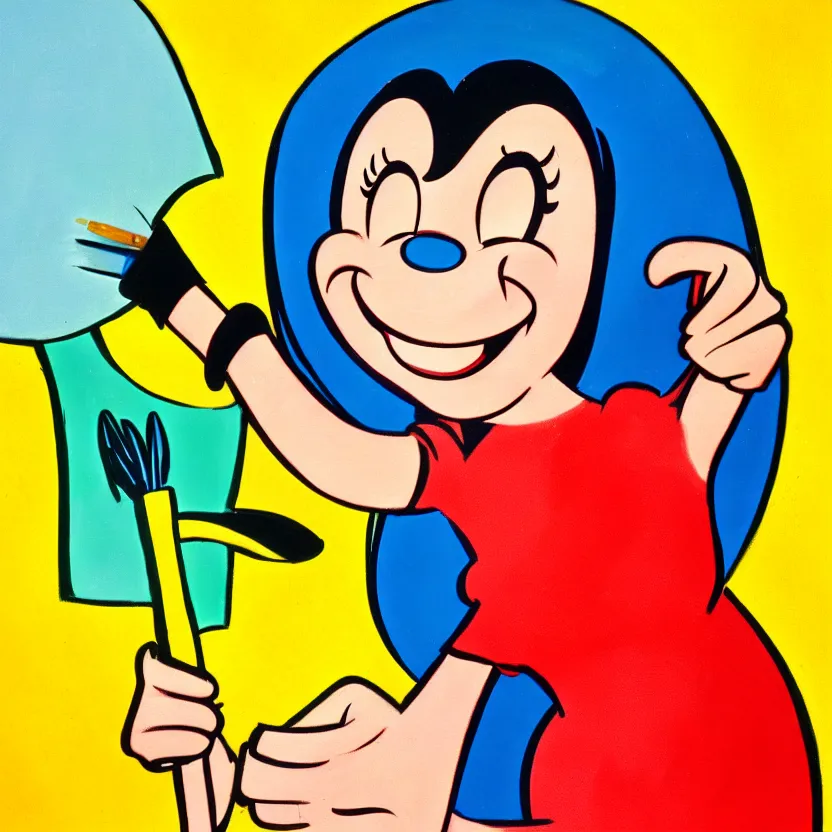 Image similar to cute logo 6 0 s cartoon art of a grinning girl holding an oversized paint brush, disney style, 4 k,