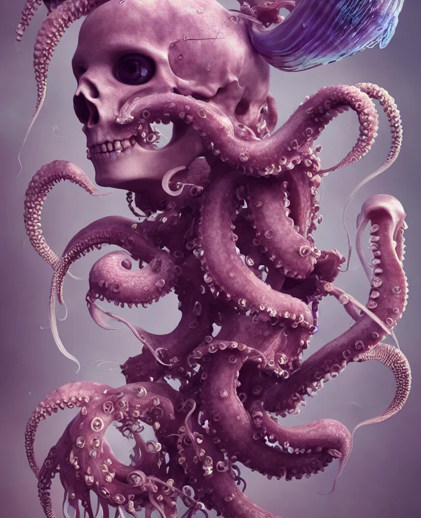 Image similar to goddess close - up portrait human skeleton, ram skull, octopus, jellyfish, orchid, betta fish, bioluminiscent, intricate artwork by tooth wu and wlop and beeple. octane render, trending on artstation, greg rutkowski very coherent symmetrical artwork. cinematic, hyper realism, high detail, octane render, 8 k