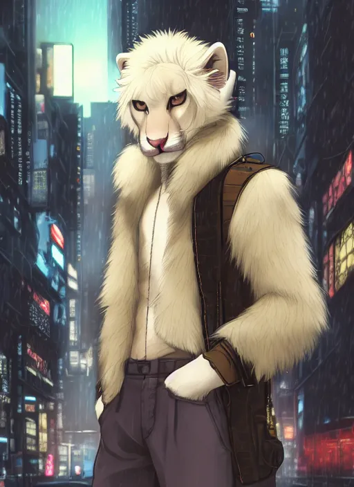 Image similar to character portrait of a male anthro albino mountain lion fursona with a cute beautiful attractive furry face wearing stylish clothes in a cyberpunk city at night while it rains. hidari, color page, tankoban, 4K, tone mapping, Akihiko Yoshida.