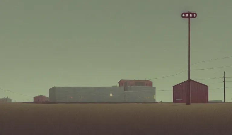 Prompt: A serene landscape with a singular building in the style of Simon Stalenhag.