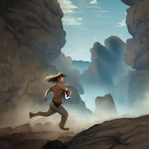 Image similar to Indiana Jones being chased by a boulder trap underground, boulder chase, inside ancient stone temple background, Indiana Jones running away from big round stone, raiders of the lost ark, detailed background, anime key visual