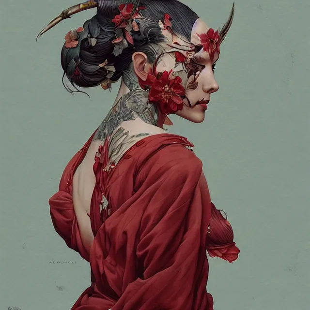 Image similar to ultra realistic illustration, beautiful woman dressed in red kimono, backview, tattoos, in the style of peter mohrbacher by weta digital and beth cavener, high face symmetry, intricate, masterpiece, award winning, high face symmetry, intricate