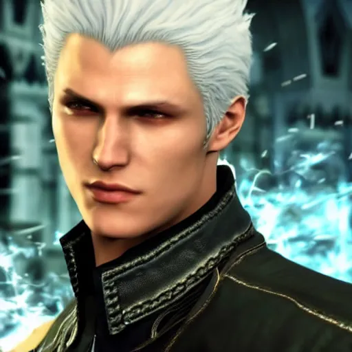 Image similar to Vergil, son of Sparda, beautiful, game screenshot, detailed face, aesthetic, realistic, soft lights, 2022 4k 60 fps