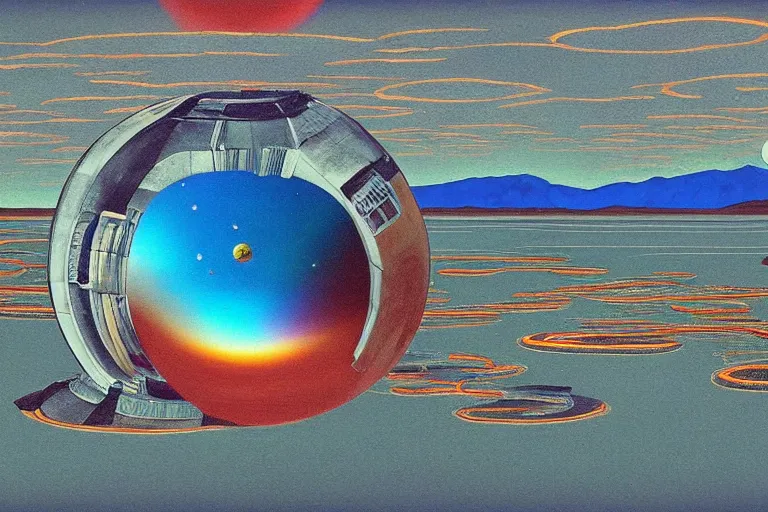 Prompt: a giant ((((metallic)))) floating sphere covered in canadian colorful aboriginal patterns!! hovering above a Yukon lake, (painted by Ralph McQuarrie), matte painting, very detailed, 1500K, concept art