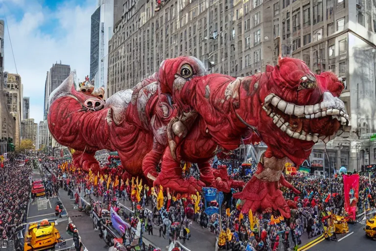 Image similar to photo of giant elaborate parade float designed by geoff darrow!!!! and ( ( ( ( ( ( hr giger ) ) ) ) ) ), in the macys parade, detailed 4 k photo