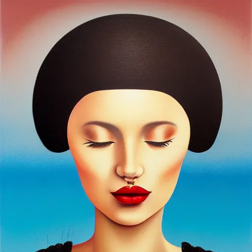 Image similar to a painting of a woman, an ultrafine detailed painting by rafal olbinski, behance contest winner, pop surrealism, detailed painting, very detailed, minimalist, skeuomorphic, airbrush art