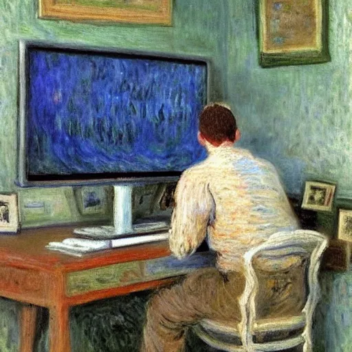 Image similar to monet painting of a skinny man playing warzone on a computer, a soccer game is on the tv behind him, highly detailed, realistic,