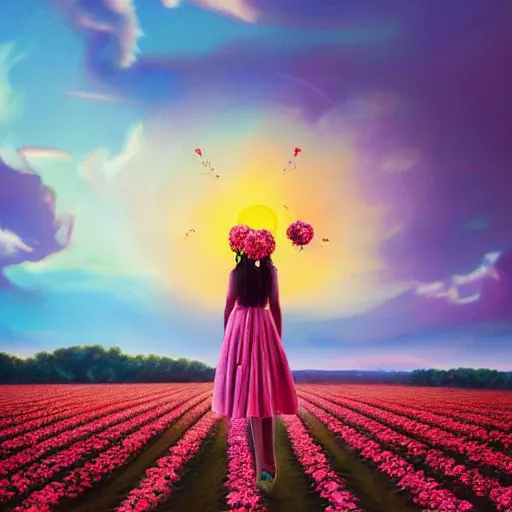 Image similar to giant rose flower head, full body girl standing in a flower field, surreal photography, sunrise, dramatic light, impressionist painting, colorful clouds, digital painting, artstation, simon stalenhag