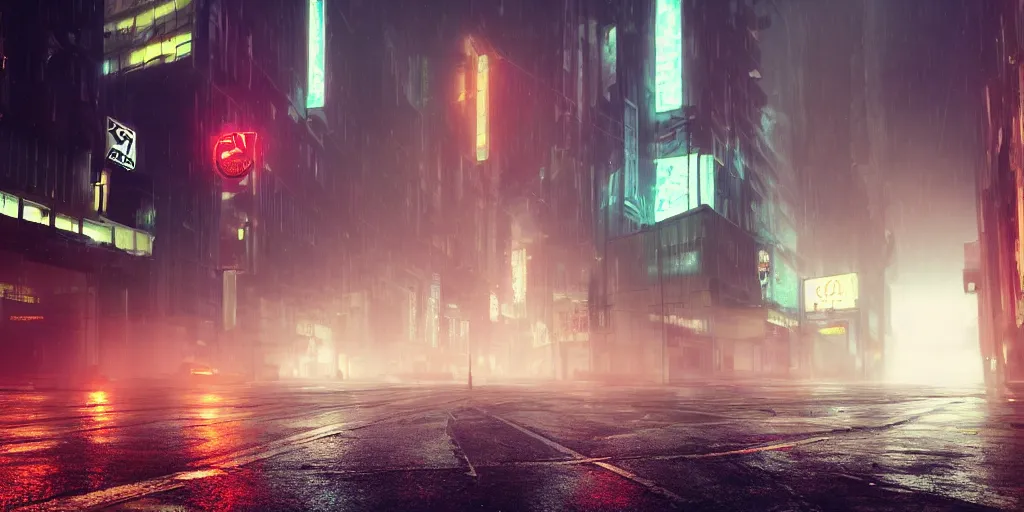 Prompt: deserted cyberpunk style city street, fog, rain, neon sign, volumetric lighting, beautiful, golden hour, sharp focus, ultra detailed, cgsociety