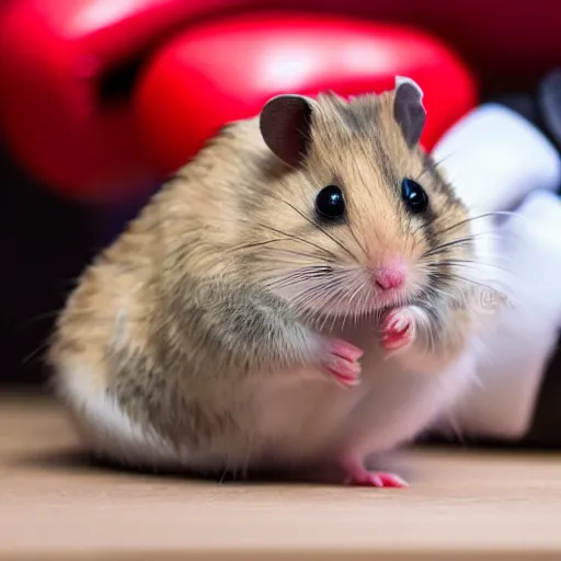 Image similar to hamster wearing boxing gloves, studio photography, stock image