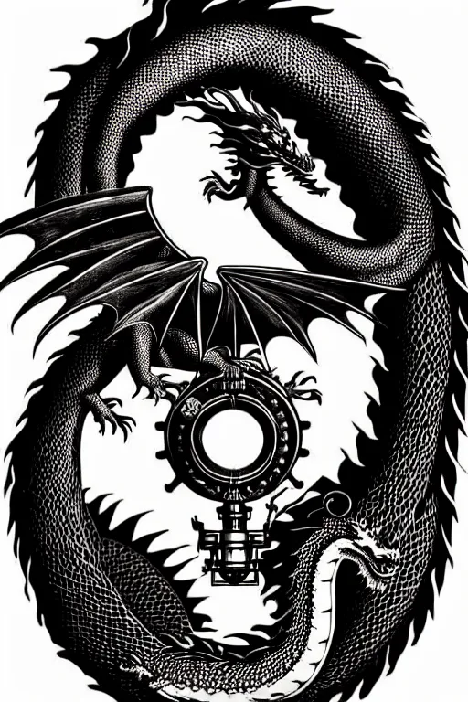 Image similar to hyper realistic dragon with steam punk breathing apparatus, white background, full frame, art by james o barr and albrecht durer, surreal woodblock print, black and white, vector, vector art