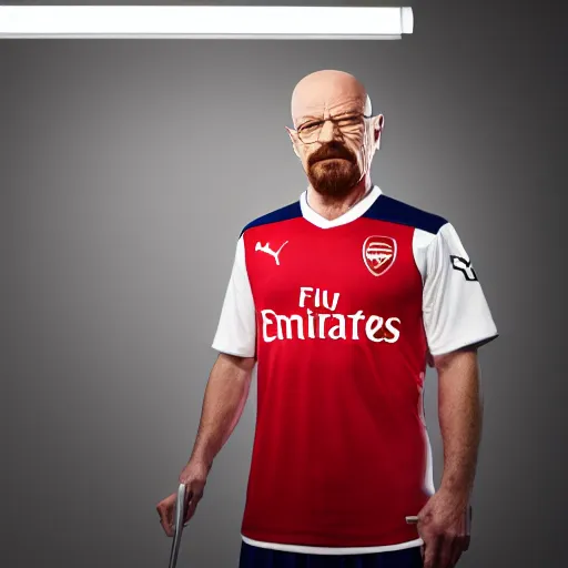 Image similar to Walter White signing for Arsenal, official, high detail, 4k, serious, studio lighting, epic, professional, sharp focus