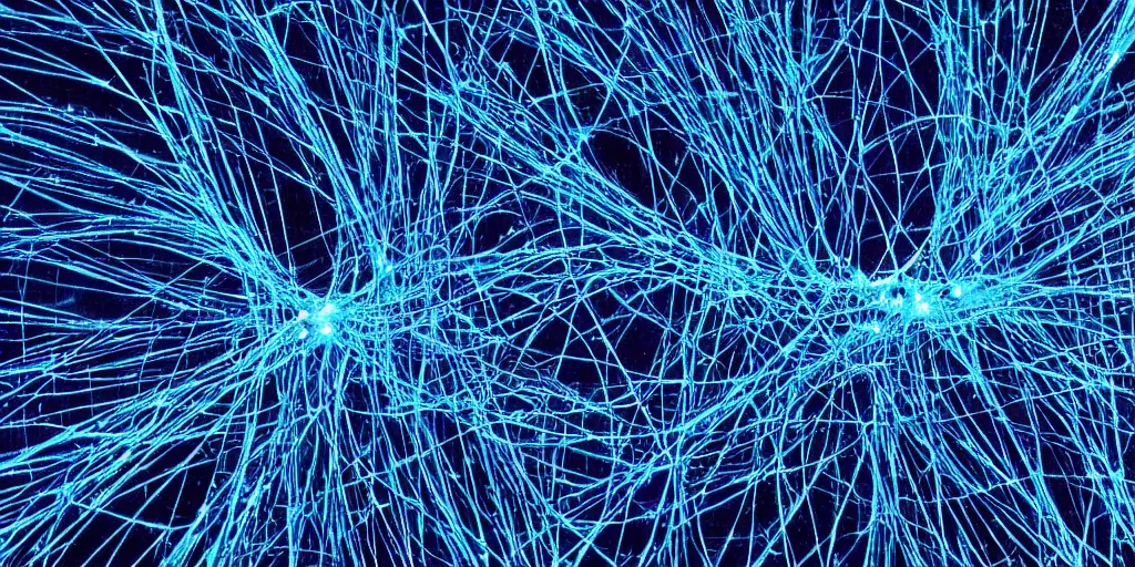 Image similar to “a deep blue network of neurons and fiber optics connected to create a subtle light show”