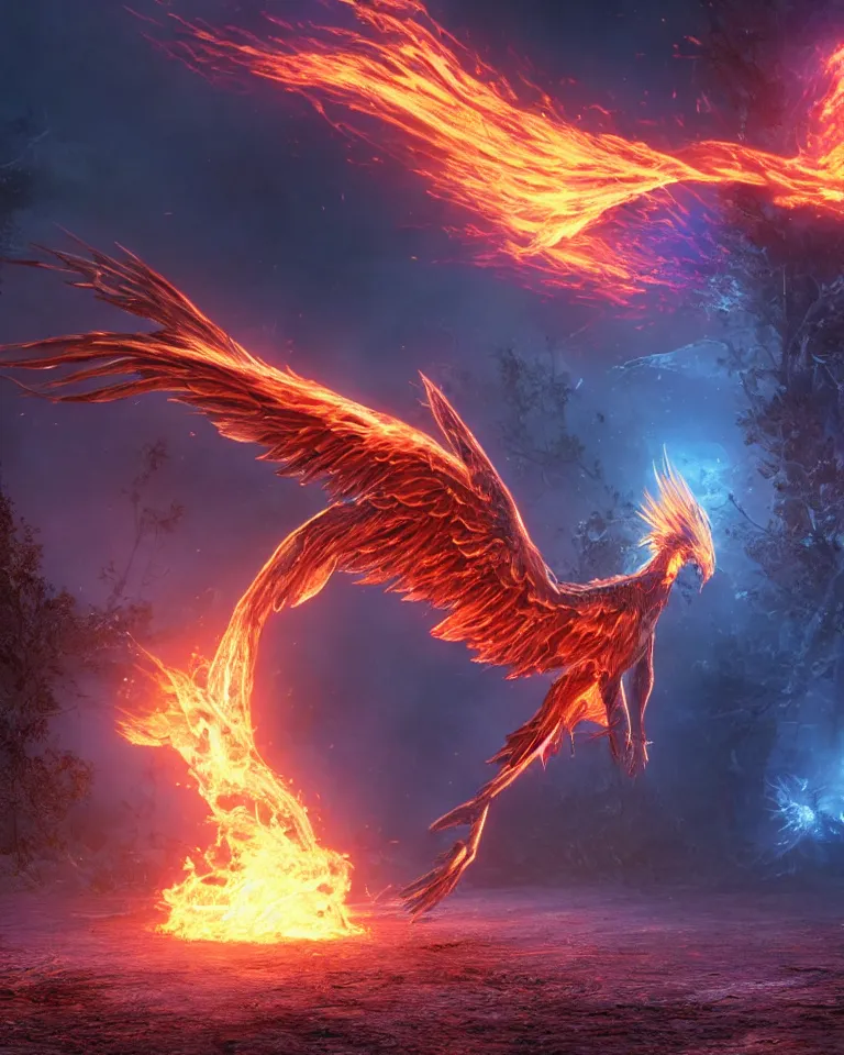 Image similar to a photoreaslistic render of a single burning steel ethereal phoenix rising out of the ground, ethereal lighting, pixie dust magic, brilliant glow, cinematic, magic particles, epic scale ultrawide angle, deep vivid colors, explosive energy, like elder scrolls and elden ring and lord of the rings, bursting with debris and pebbles and dust clouds and ash