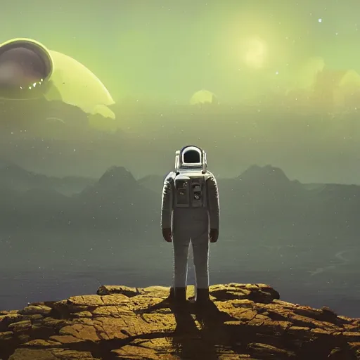 Image similar to a lonely astronaut overlooking at an amazing alien landscape and the universe, digital art, breathtaking, golden ratio, extremely detailed, establishing shot, hyperrealistic, cinematic lighting, particles, unreal engine, simon stålenhag, rendered by Beeple, Makoto Shinkai, syd meade, simon stålenhag, Ruan Jia, Kentaro Miura, environment concept, artstation, octane render, 4K UHD image