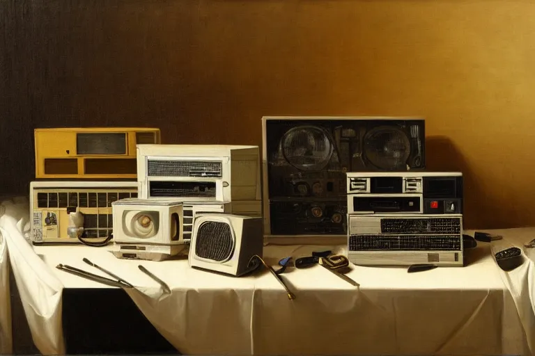 Image similar to still life painting of vintage computers by pieter claesz, oil on canvas, strong lighting, highly detailed, hyper realism, golden hour, god rays, hd, 4 k