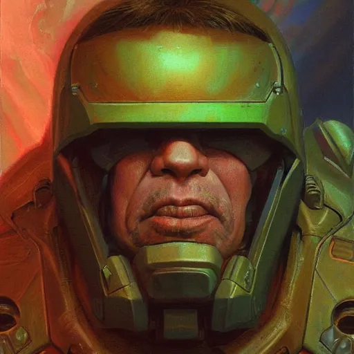 Image similar to The Doomguy, close-up Sci-Fi portrait art by Donato Giancola and James Gurney, digital art, trending on artstation