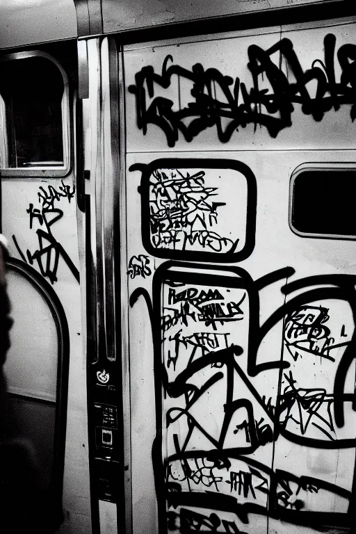 Image similar to subway cabin inside all in graffiti, man in stussy jacket closeup writing graffiti, night, film photography, exposed b & w photography, christopher morris photography