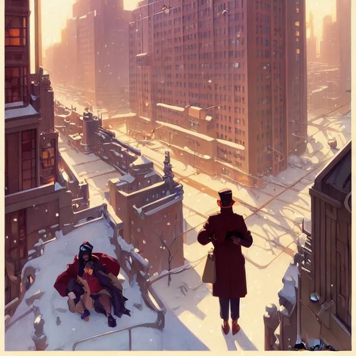 Image similar to american big city, winter, in the style of studio ghibli, j. c. leyendecker, greg rutkowski, artem