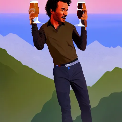 Prompt: Lando Norris at the top of a mountain, scenic view, holding a beer!!, digital art, gta 5 cover art, trending on artstation