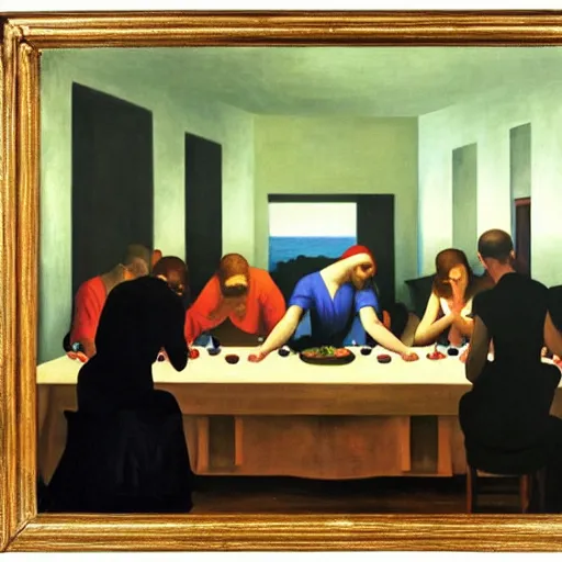 Image similar to 1942 oil on canvas painting by Edward Hopper, the last supper