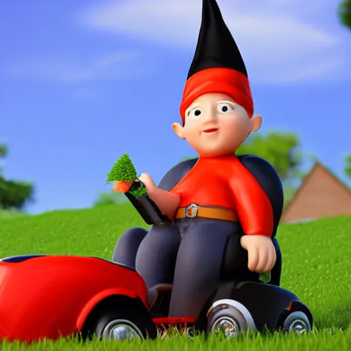 Prompt: gnome wearing red hat sitting on fancy riding lawn mower in backyard afternoon 2019 Pixar render SSAO ray marching black and orange lawn mower designed by Ikuo Maeada