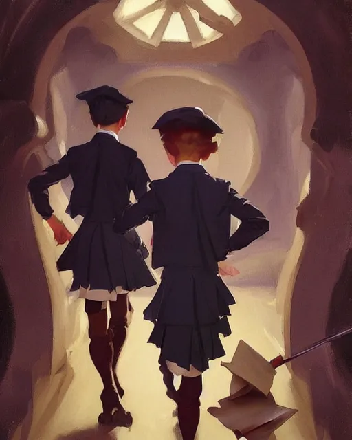 Prompt: magical academy school uniform, jodhpurs greg manchess painting by sargent and leyendecker, studio ghibli, fantasy, medium shot, asymmetrical, intricate, elegant, matte painting, illustration, hearthstone, by greg rutkowski, by greg tocchini, by james gilleard, by joe fenton