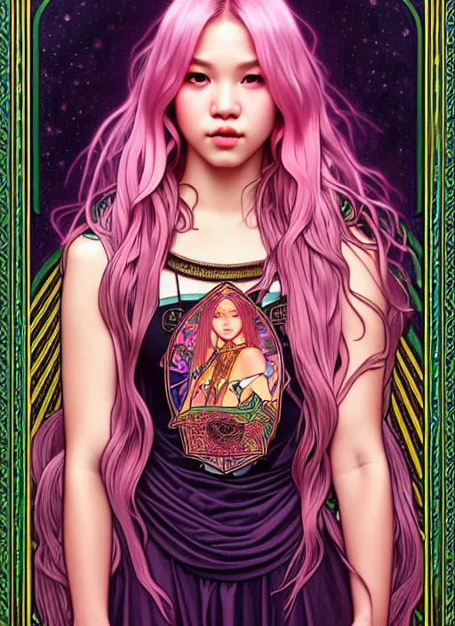 Image similar to jossi of blackpink, tarot card, highly detailed, digital painting, smooth, sharp focus, illustration, ultra realistic, 8 k, art by artgerm and alphonse mucha