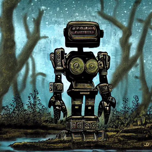 Prompt: ancient robot in a swamp, digital art