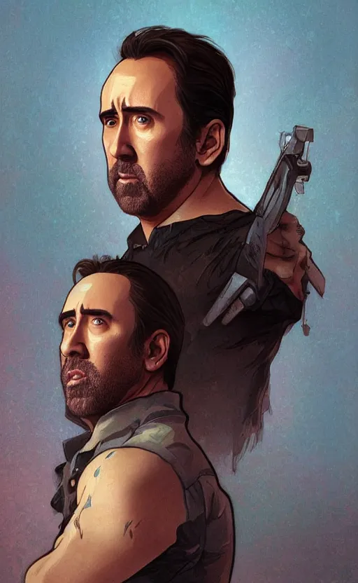Prompt: nicolas cage, highly detailed, digital painting, artstation, standing, facing camera, concept art, smooth, sharp focus, illustration, art by artgerm and alphonse mucha, high definition digital art, dramatic lighting, in the style of ilya kuvshinov and Ross tran