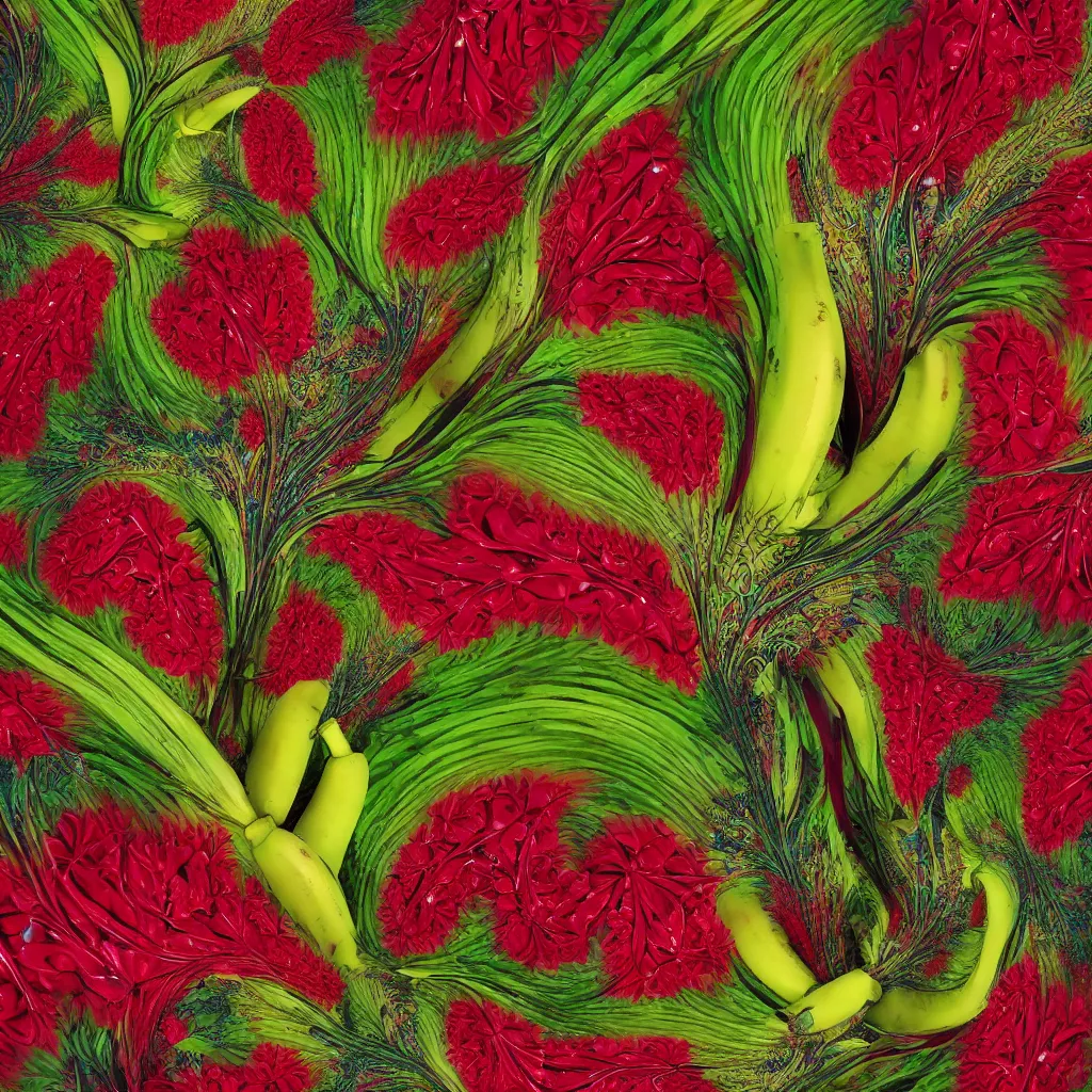 Image similar to high fashion haute couture scaled bananas with dragonflies, and form a complex fractal vegetable foliage, with red petals and shiny stems, mesh roots, hyper real, food photography, high quality