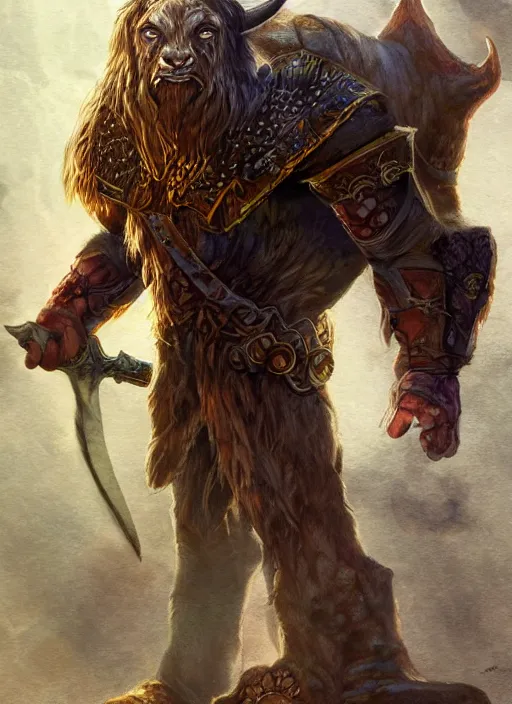 Prompt: minotaur, ultra detailed fantasy, dndbeyond, bright, colourful, realistic, dnd character portrait, full body, pathfinder, pinterest, art by ralph horsley, dnd, rpg, lotr game design fanart by concept art, behance hd, artstation, deviantart, hdr render in unreal engine 5